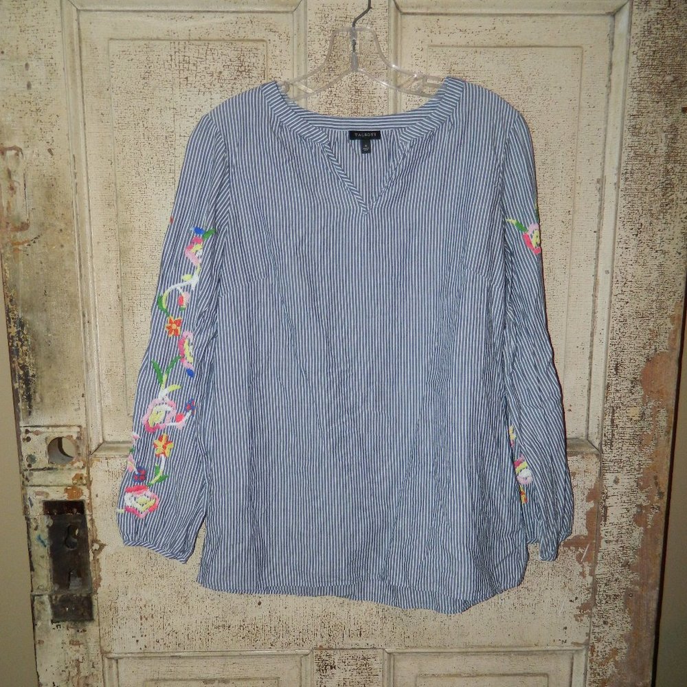 Talbots Stiped Embroidered Boho Blouse Size Small (CC-26)